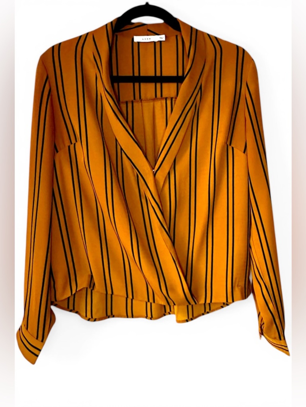 LUSH Mustard Yellow & Black Vertical Striped Wrap Blouse - Size Small
